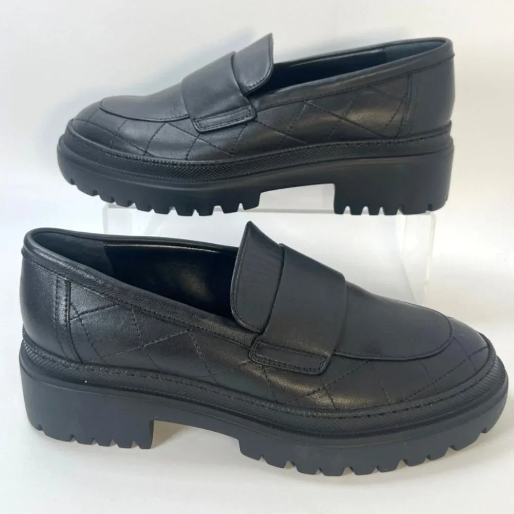 AGL Mary Quilted Leather Loafers Black Chunky Heel Women Size 38